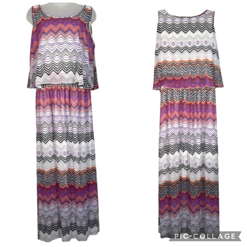 Robert Louis Womens Chevron Popover Maxi Dress Purple Orange Geometric Large